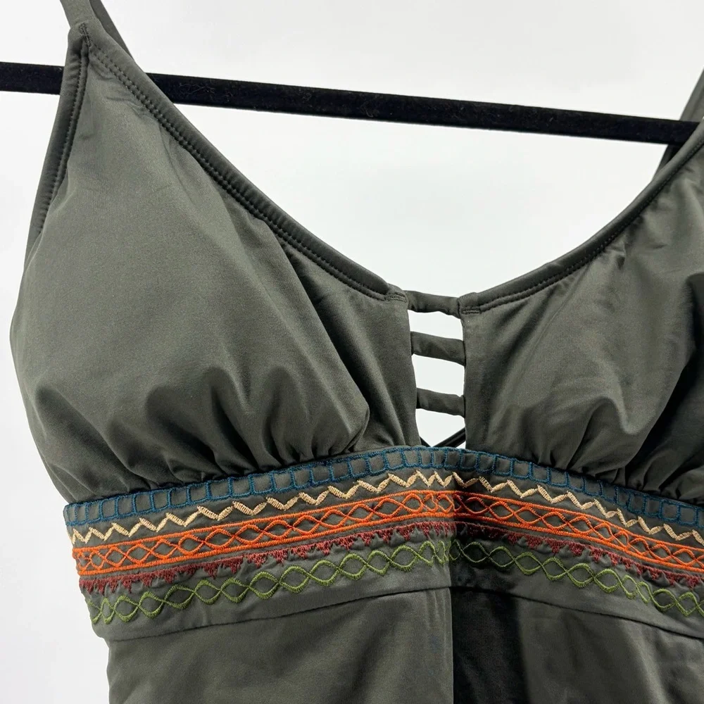 Sonnet‎ Shores One Piece Swimsuit Olive Green Women Size 12 Bohemian Stripe Band